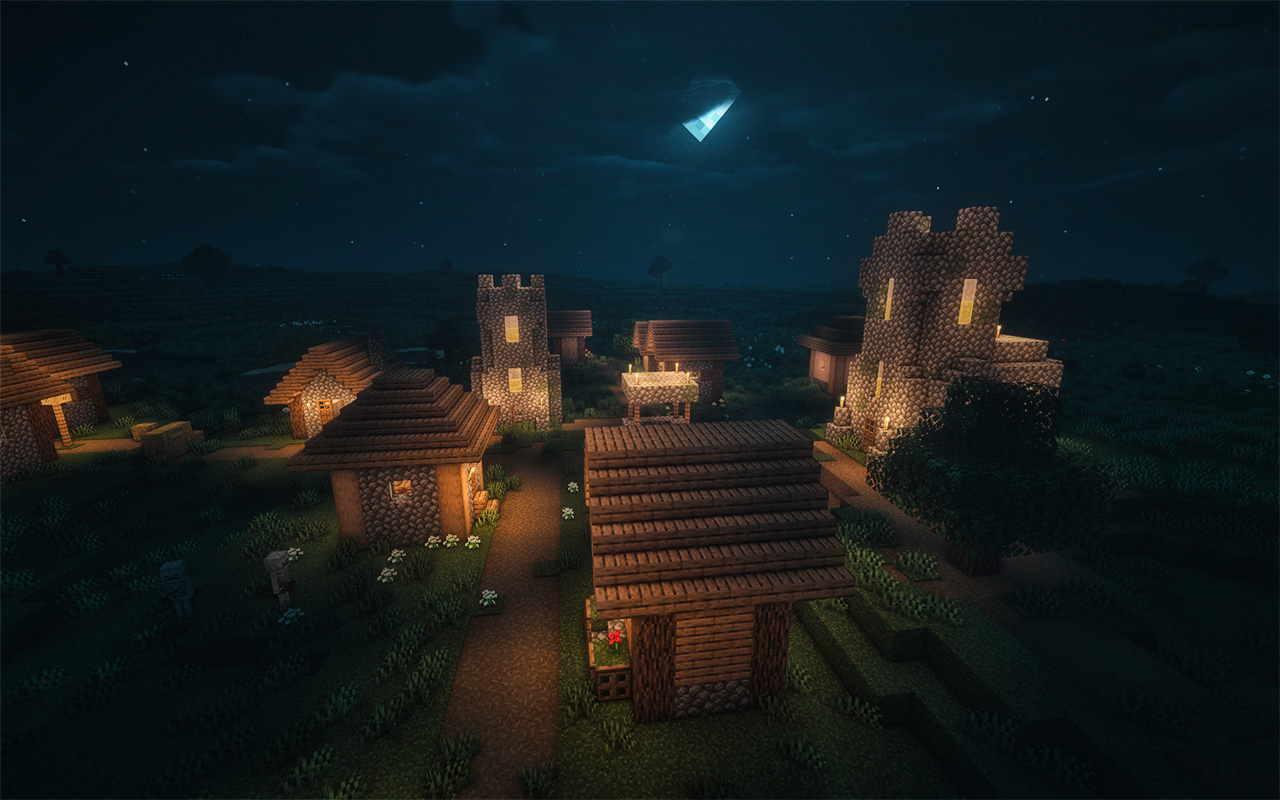 Minecraft village at night