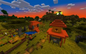 A Minecraft village at sunset