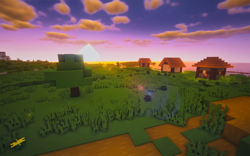 sunset over village in minecraft