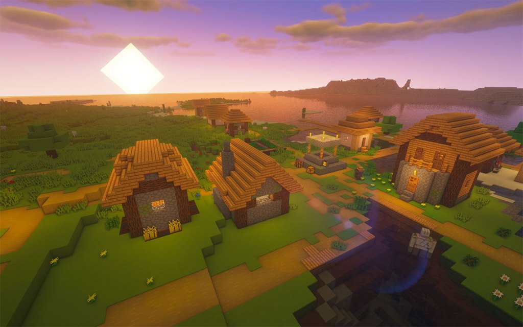 Sunset over the village in Minecraft